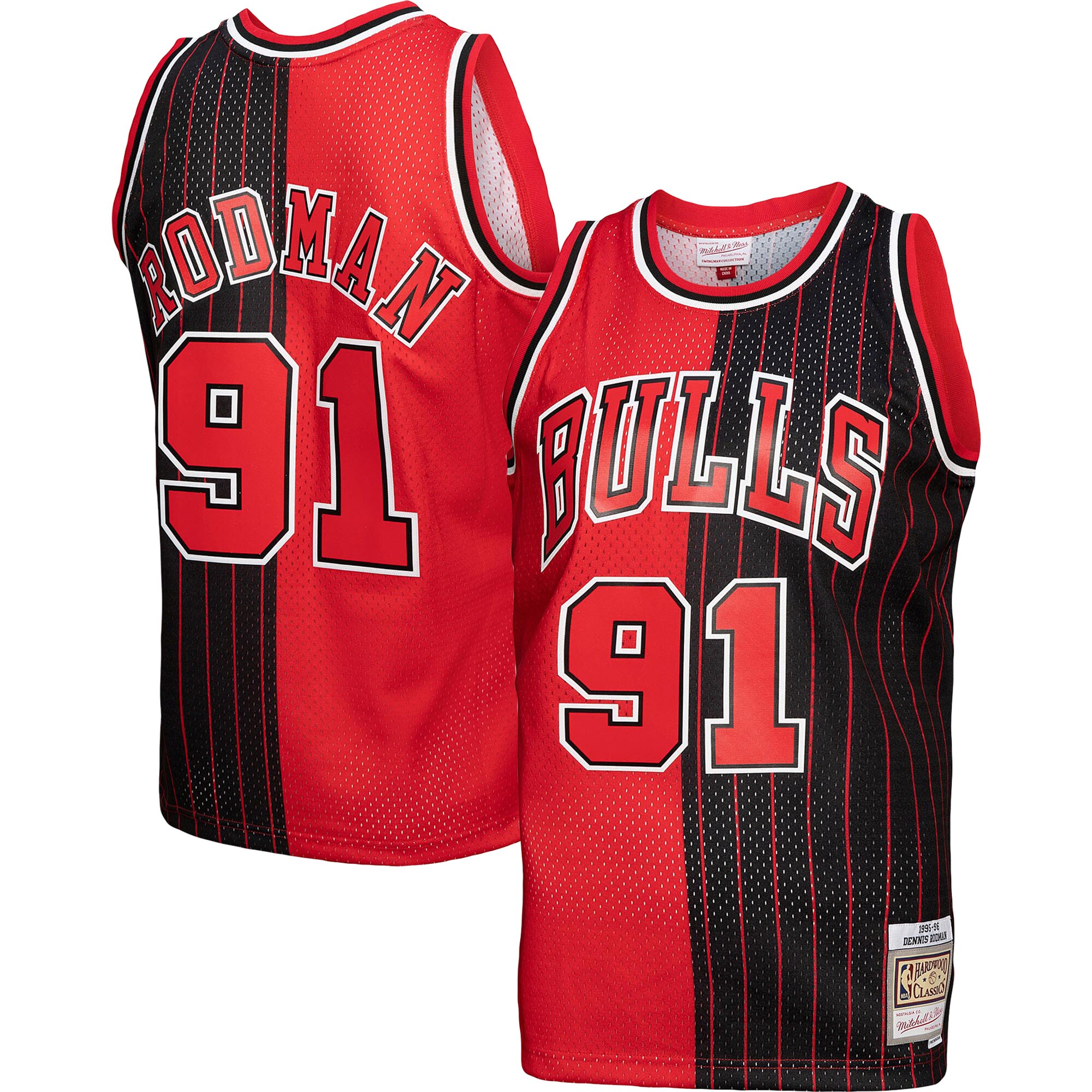 NBA men8217s chicago bulls dennis rodman mitchell amp ness redblack hardwood classics 199596 split swingman jersey Collection - Official Jerseys & Hats | NBA Store