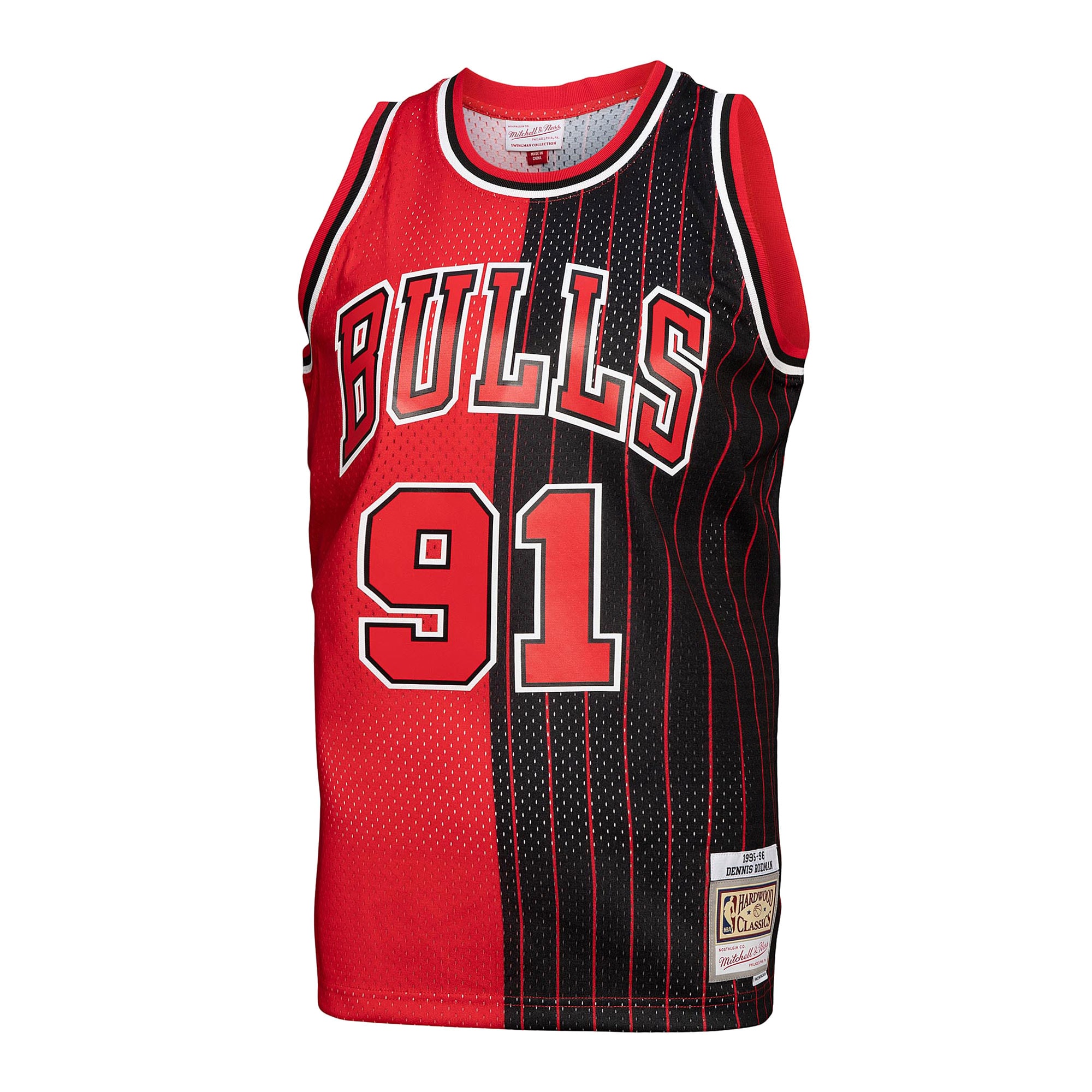 NBA men8217s chicago bulls dennis rodman mitchell amp ness redblack hardwood classics 199596 split swingman jersey Collection - Official Jerseys & Hats | NBA Store