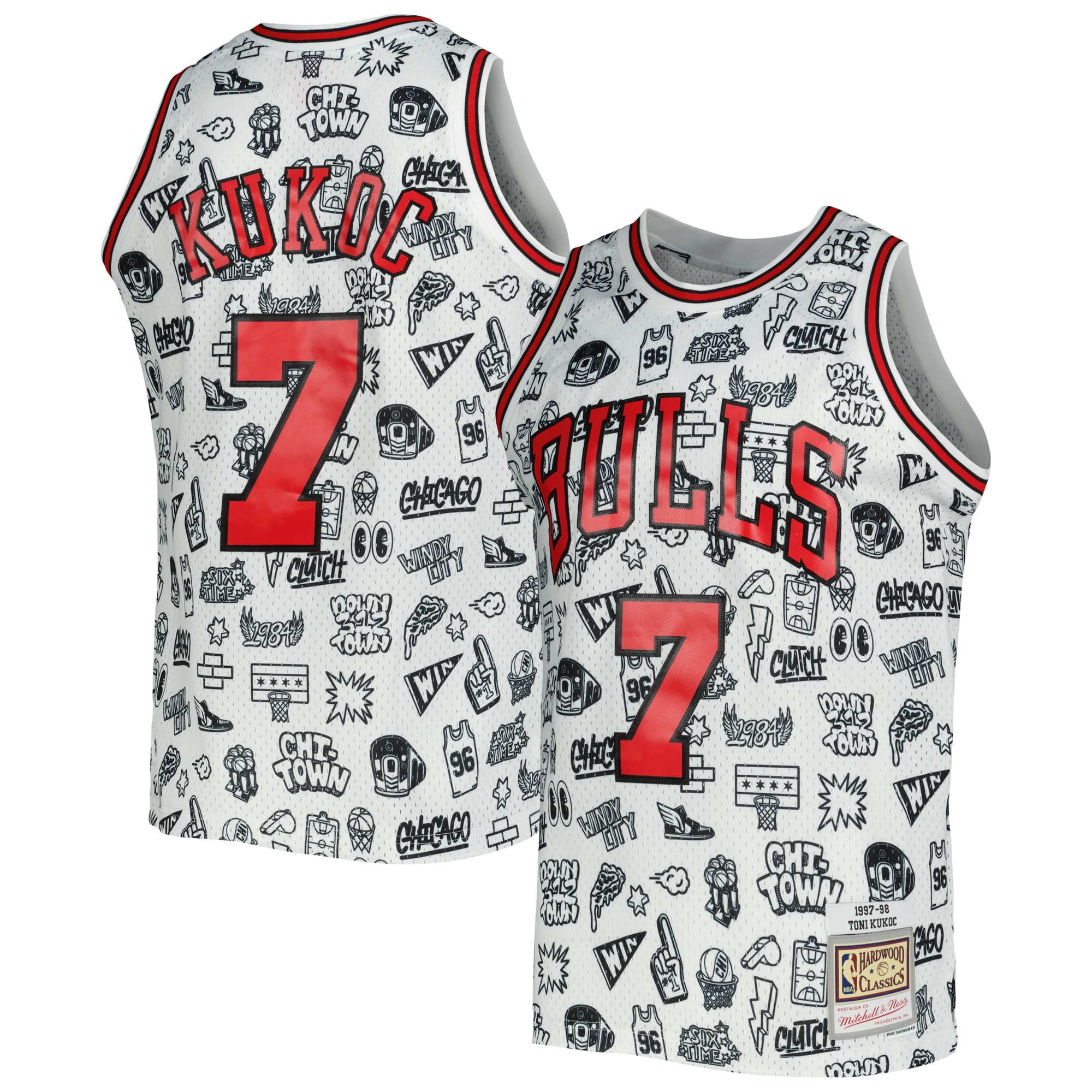 NBA men8217s chicago bulls toni kukoc mitchell amp ness white 199798 hardwood classics doodle swingman jersey Collection - Official Jerseys & Hats | NBA Store