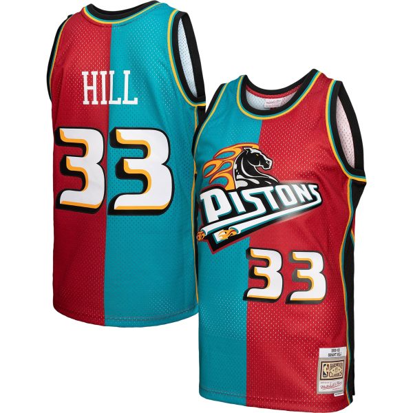 NBA men8217s detroit pistons grant hill mitchell amp ness tealred hardwood classics 199900 split swingman jersey Collection - Official Jerseys & Hats | NBA Store