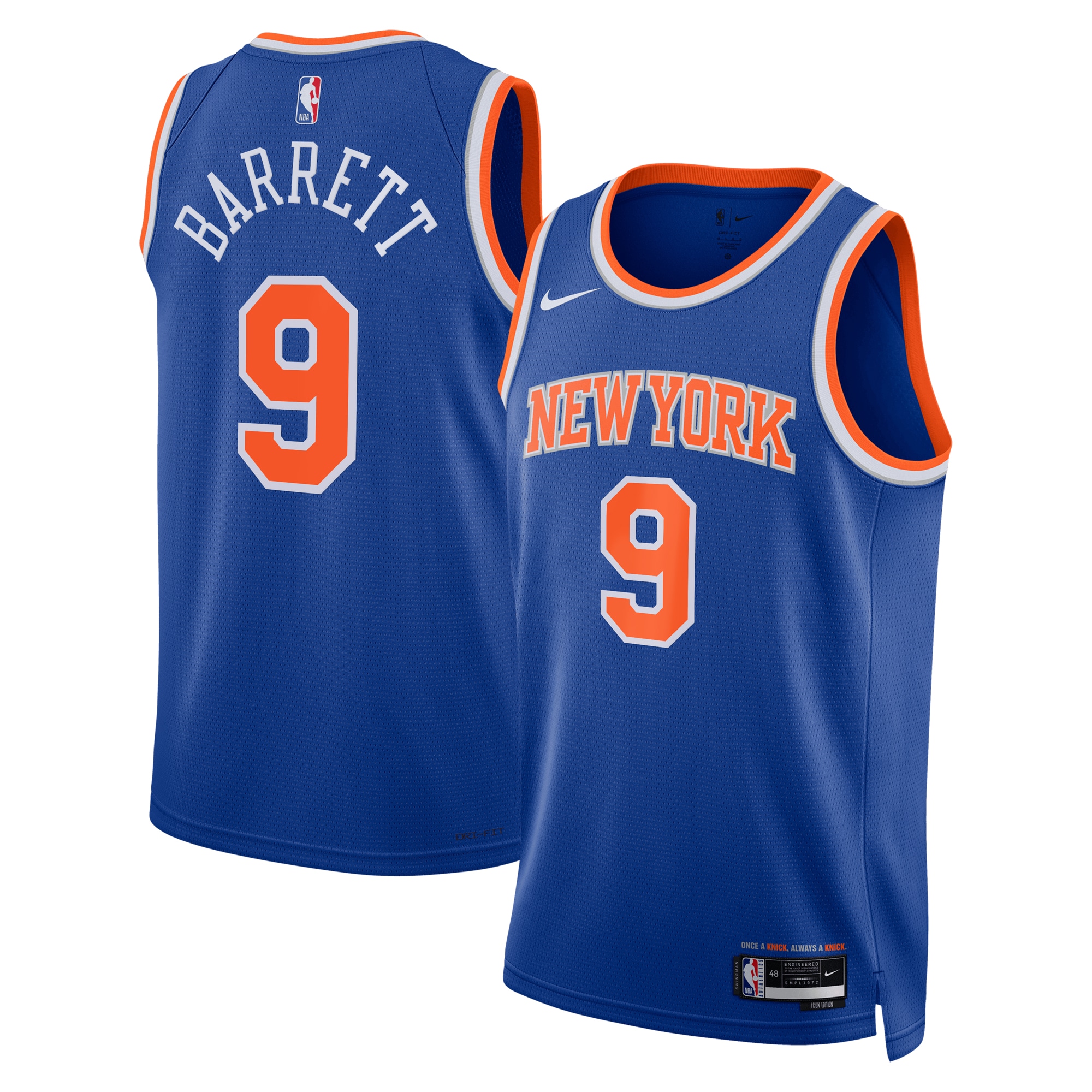 NBA unisex new york knicks rj barrett nike blue swingman jersey – icon edition Collection - Official Jerseys & Hats | NBA Store