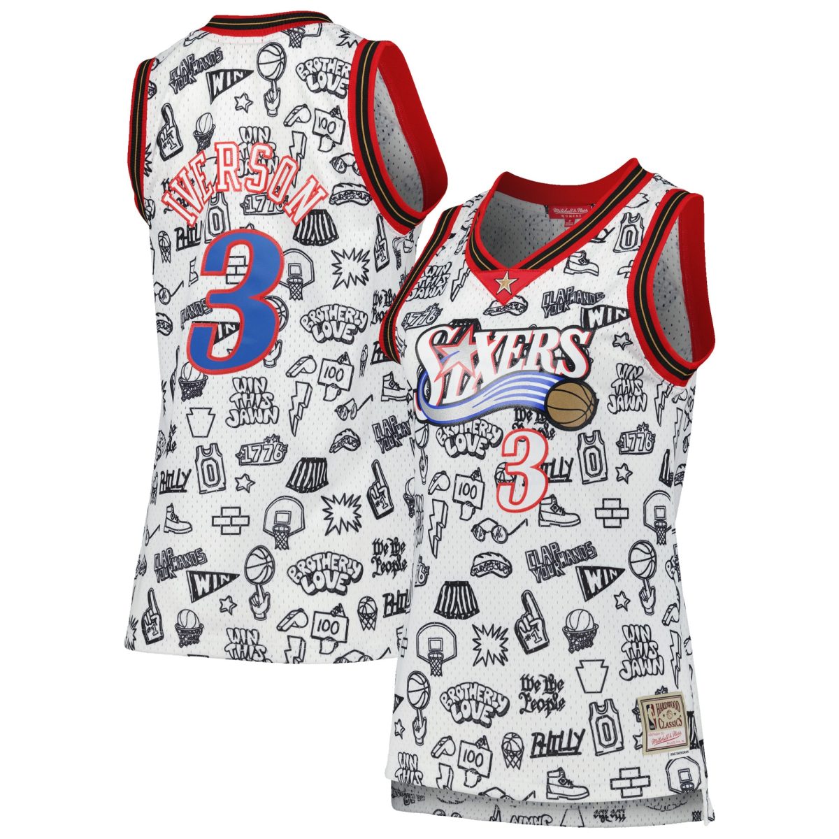 NBA women8217s philadelphia 76ers allen iverson mitchell amp ness white 2000 doodle swingman jersey Collection - Official Jerseys & Hats | NBA Store