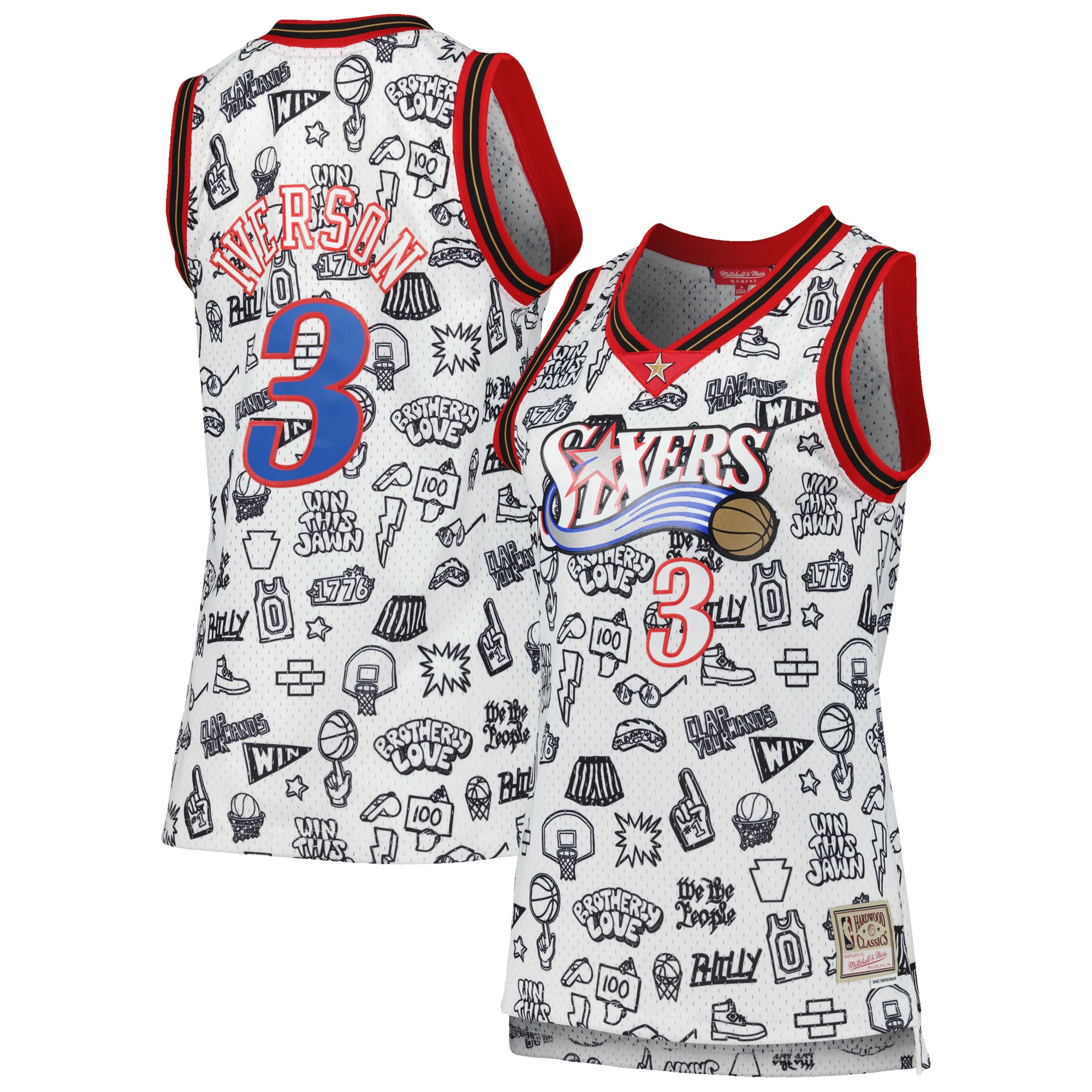 NBA women8217s philadelphia 76ers allen iverson mitchell amp ness white 2000 doodle swingman jersey Collection - Official Jerseys & Hats | NBA Store