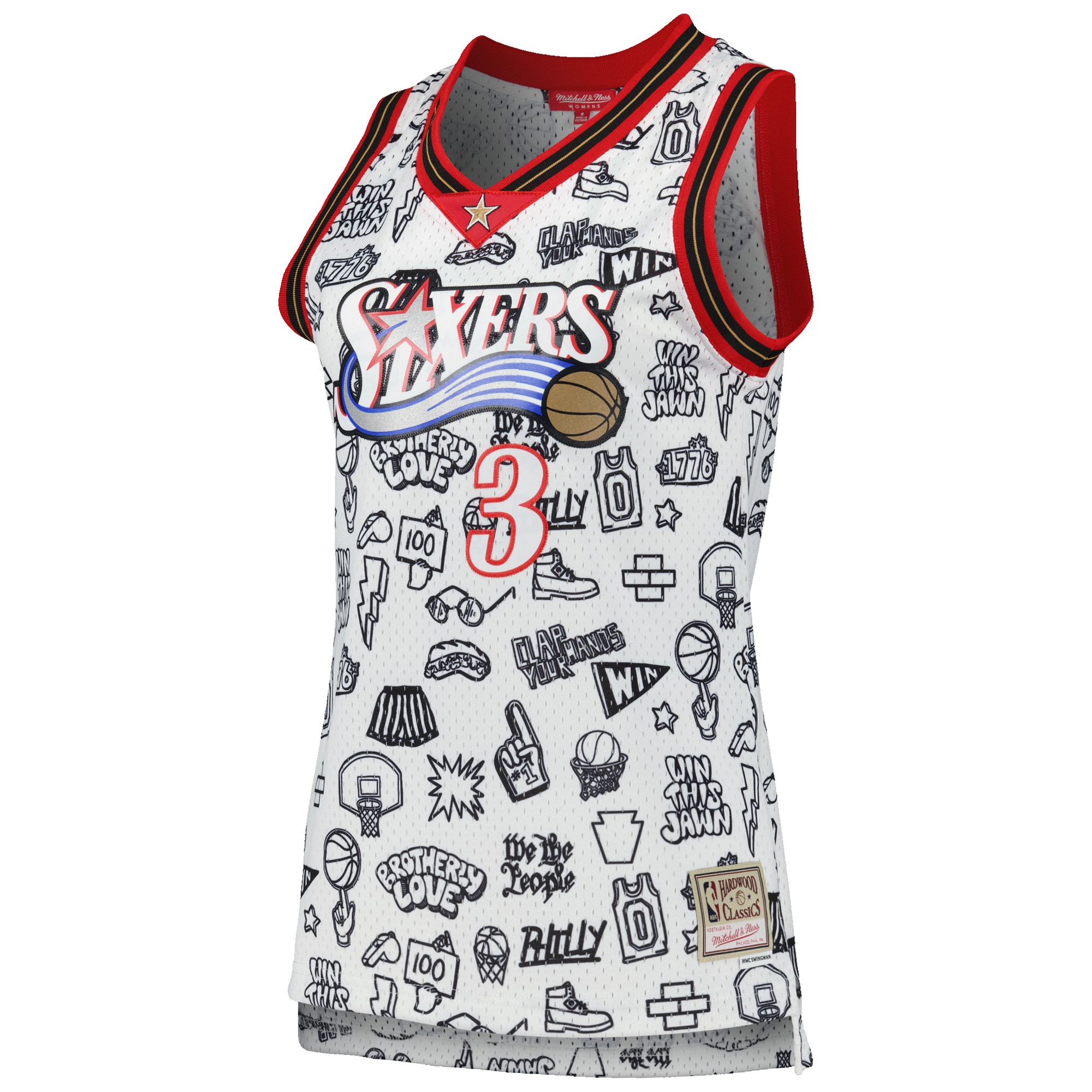 NBA women8217s philadelphia 76ers allen iverson mitchell amp ness white 2000 doodle swingman jersey Collection - Official Jerseys & Hats | NBA Store